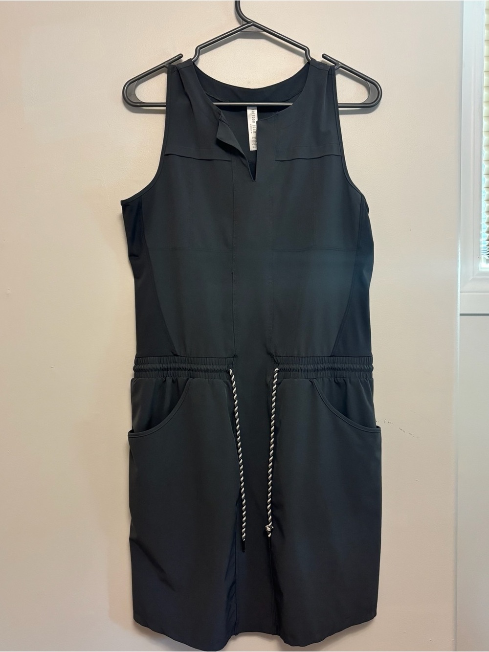 Sleeveless dark grey Drawstring Romper with Front Pockets